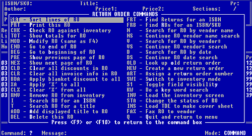 Fig 10-2, Return Order commands help menu