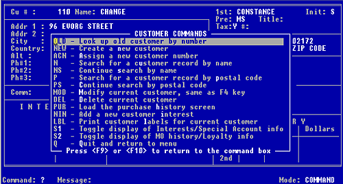Figure 11-2, the Customer commands help menu