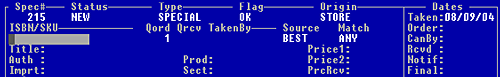 Figure 12-2, default entries for first 2 sections of the Special Order screen