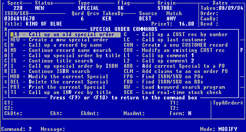 Figure 12-6, Command Help menu for Special Order program