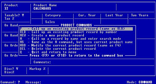 Fig. 3-5, Product screen Commands Help menu