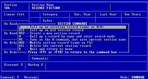 Fig. 3-8, Section screen Commands Help Menu