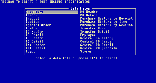 Figure 7-1, Sort Include Specifications data files menu box