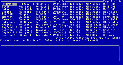 Figure 7-14, report format fields menu box for the Inventory file