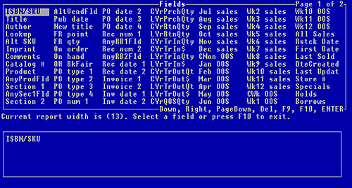 Figure 7-15, report format fields menu box for the Inventory file