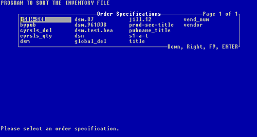 Figure 7-20, sample Sort Order Specifications menu box