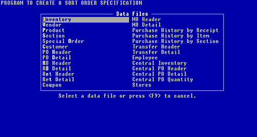 Figure 7-9, the Sort Order Specification data files menu box