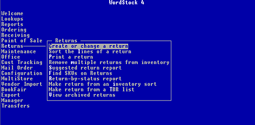 WordStock Menu showing Returns programs