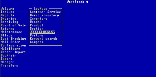 WordStock Menu showing Special Orders