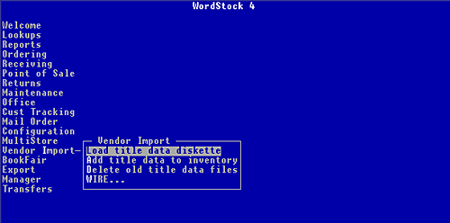 WordStock Menu showing Vendor /Data Import