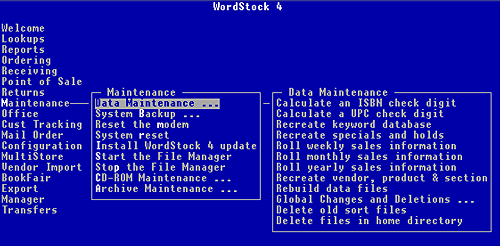 WordStock Menu showing Maintenance programs