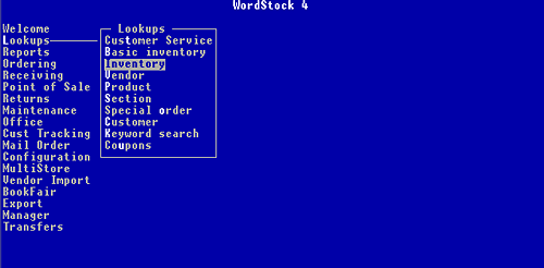 WordStock Menu showing Inventory File
