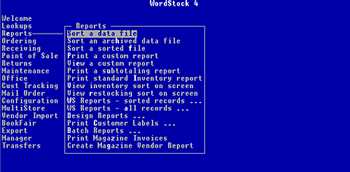 WordStock Menu showing Reports programs