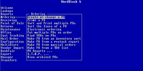 WordStock Menu showing Ordering programs