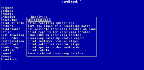 WordStock menu showing Receiving programs